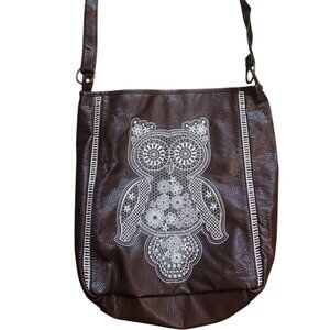 White Owl Bird Purse Crossbody Faux Leather Bag Lace Doily Stitch